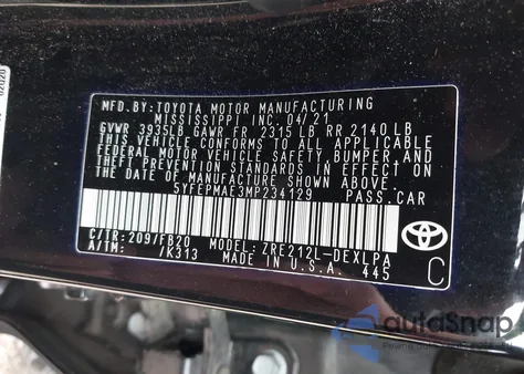 2021 Toyota Corolla Le из США, поврежденный, VIN 5YFEPMAE3MP234129